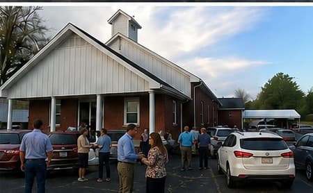 The Light of Truth Church building from the side, with members greeting one another in the parking lot.