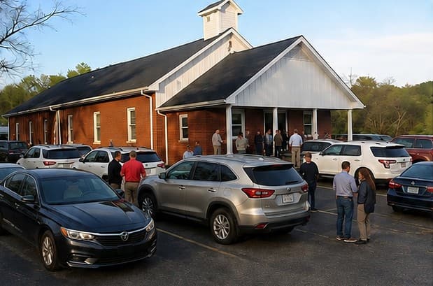 Members of Light of Truth Church gathering in the parking lot outside the brick sanctuary on a spring evening.
