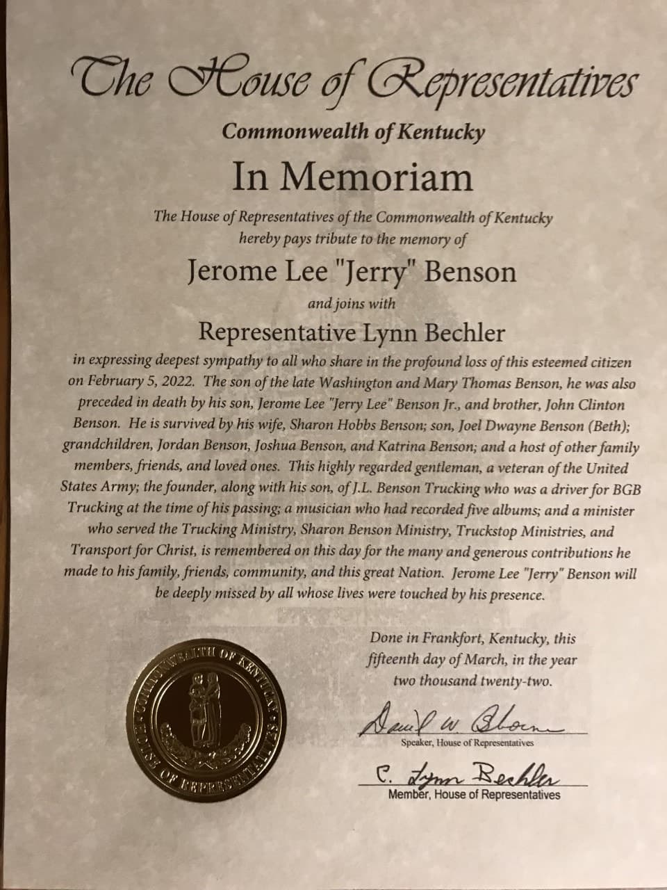 An In Memoriam resolution for Jerome Lee “Jerry” Benson from the Kentucky House of Representatives.